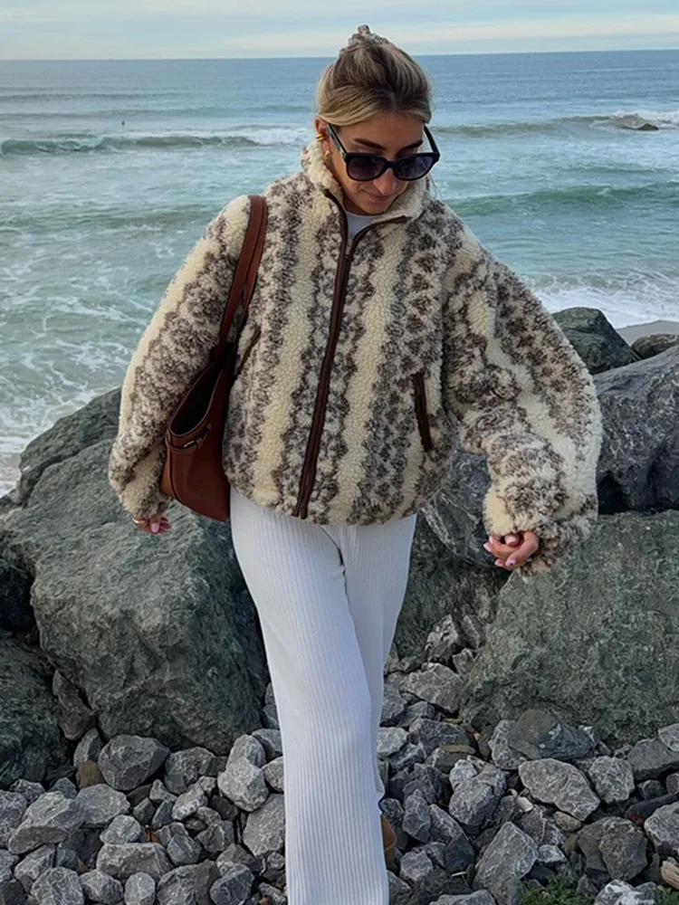 แฟชั่นผู้หญิงพิมพ์ Wool Blend Stand Collar Jacket ซิปด้านหน้าแขนยาว Furry Coats ผ่อนคลายฤดูใบไม้ร่วงฤดูหนาวเสื้อแจ็คเก็ต