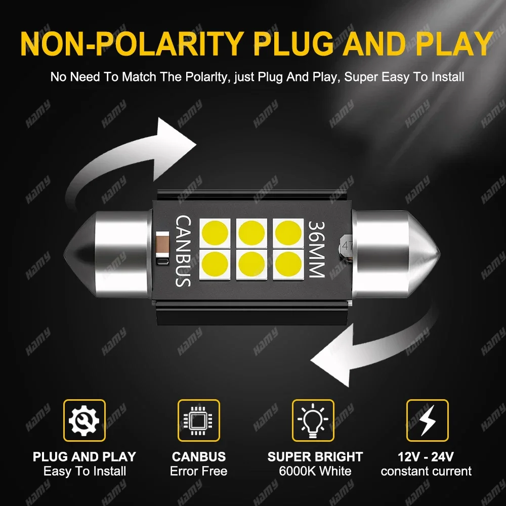 2PCS 600LM Super Bright C10W C5W หลอดไฟ LED Festoon 31/36/39/41 มม.LED CANBUS 12V 6500K สีขาวรถภายในโดมใบอนุญาต Light Plate