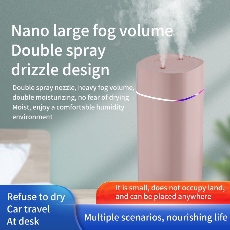 Humidificador creativo de doble boquilla para escritorio, hogar, dormitorio, coche, aromaterapia, humidificación de aire silenciosa, Usb, luz ambiental de 7 colores