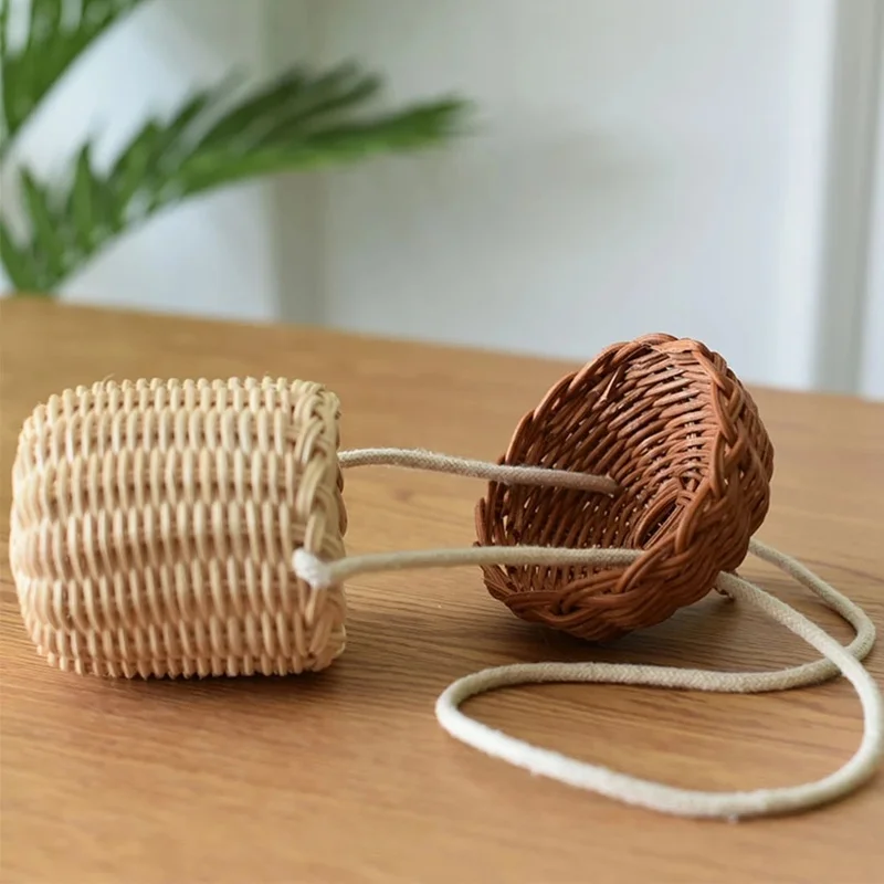 Neuer eichelförmiger Aufbewahrungskorb, handgewebt, rund, Rattan-Tasche, Eimer, tropischer Strandstil, gewebte Umhängetasche, Foto-Requisiten
