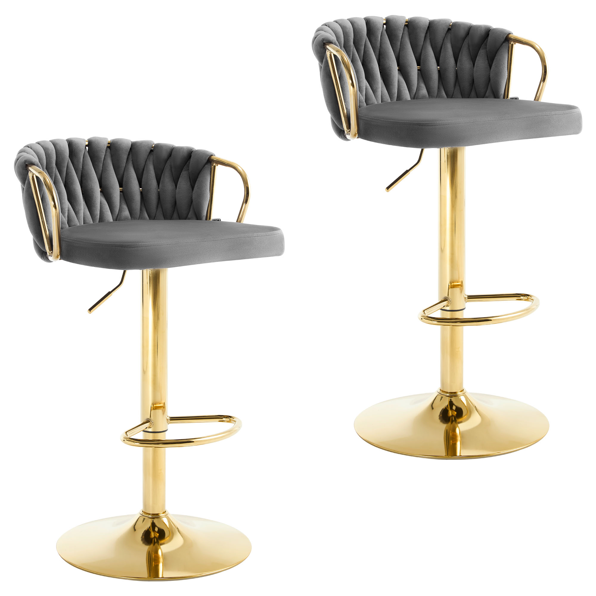 Tabouret de bar en velours avec dossier tressé, chaise réglable, repose-pieds en métal, tabouret de cuisine et de restaurant, recommandé, rotatif à 360 °, 2 pièces
