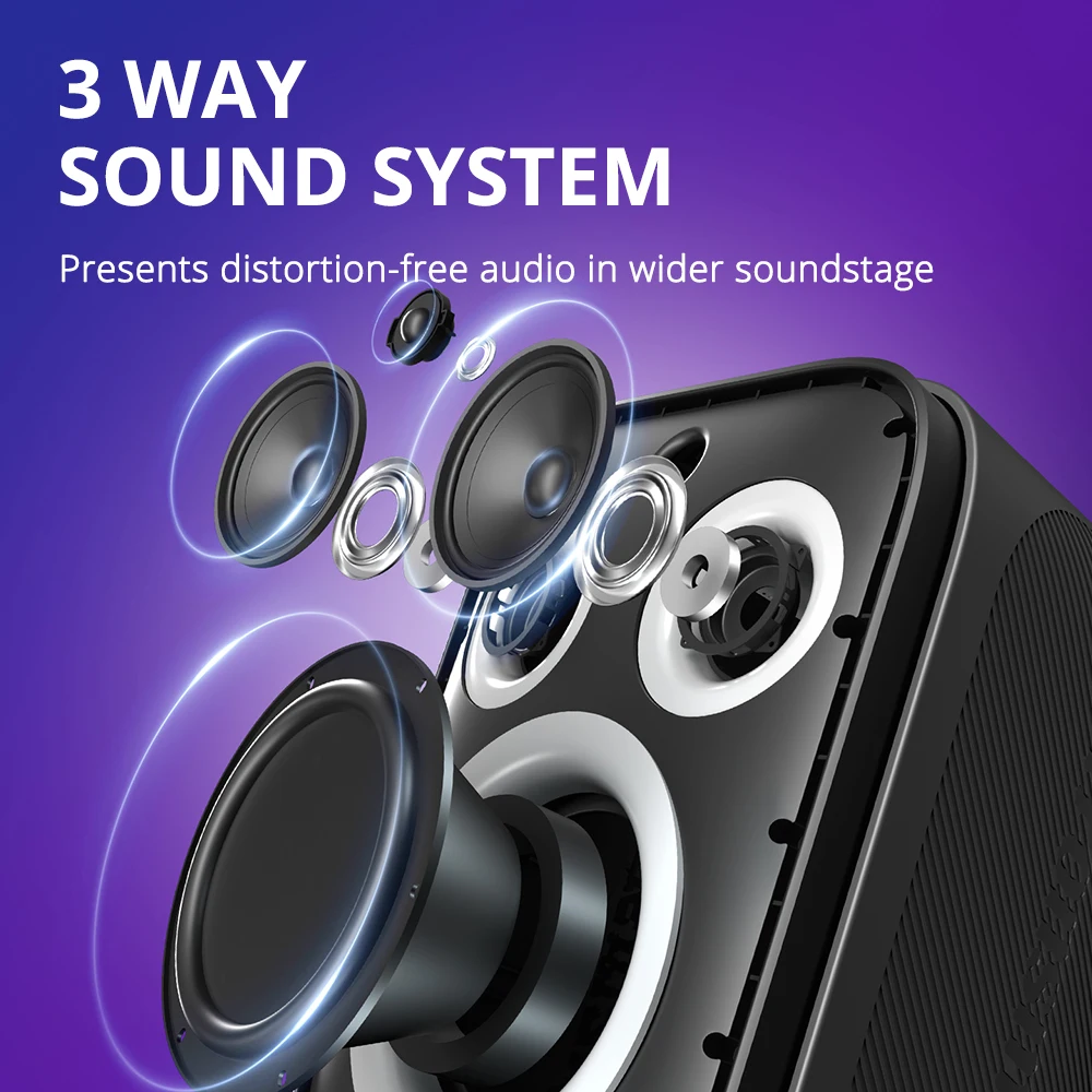 Динамик Tronsmart Halo 200 Bluetooth-динамик с 3-сторонней звуковой системой, 120 Вт, встроенным/проводнимым микрофоном, гитарным входом, управлением через приложение