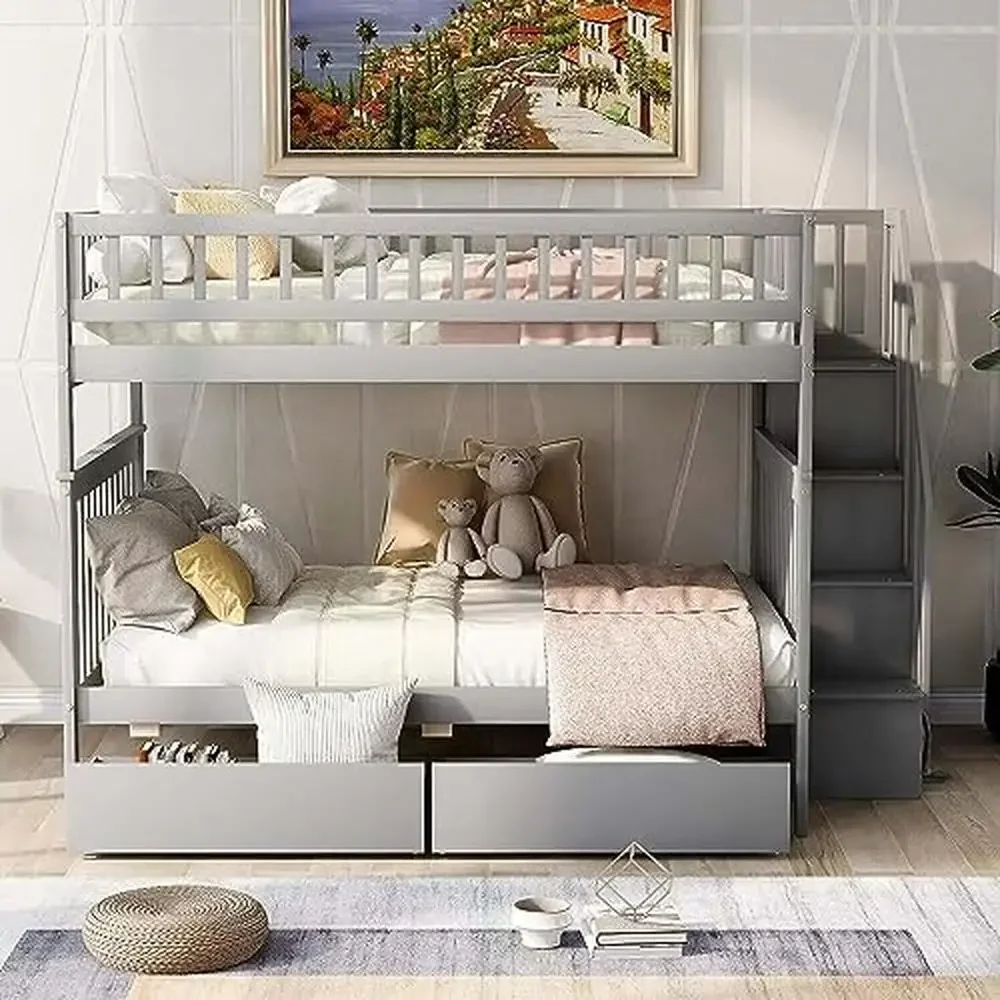Solid Wood Full Over Full Bunk Bed with Stairway and Storage Drawers Gray 250lbs Weight Capacity