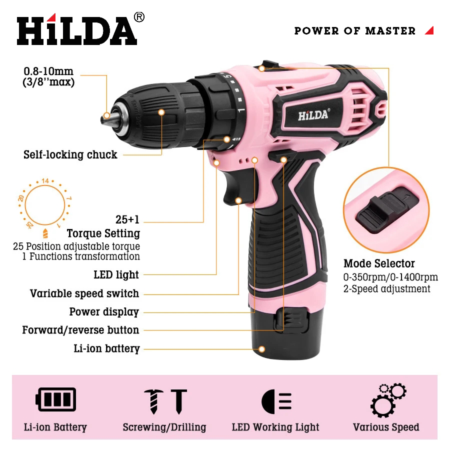 HILDA perceuse électrique 12V perceuse sans fil tournevis électrique Mini pilote de puissance sans fil batterie Lithium-Ion DC