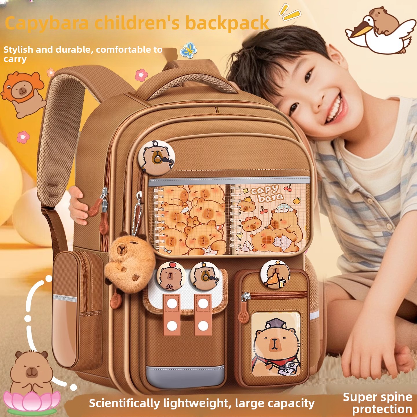 New Capybara Children's Bapa Large Capaci Elementary School Bookbag Boys And Girls Reduce Burden School Bag for ades -6