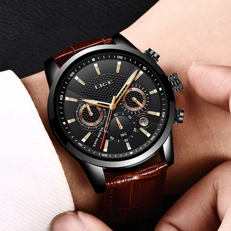LIGE hommes montres de luxe étanche militaire Sport homme montre chronographe en cuir véritable hommes Quartz montre-bracelet Relogio Masculino
