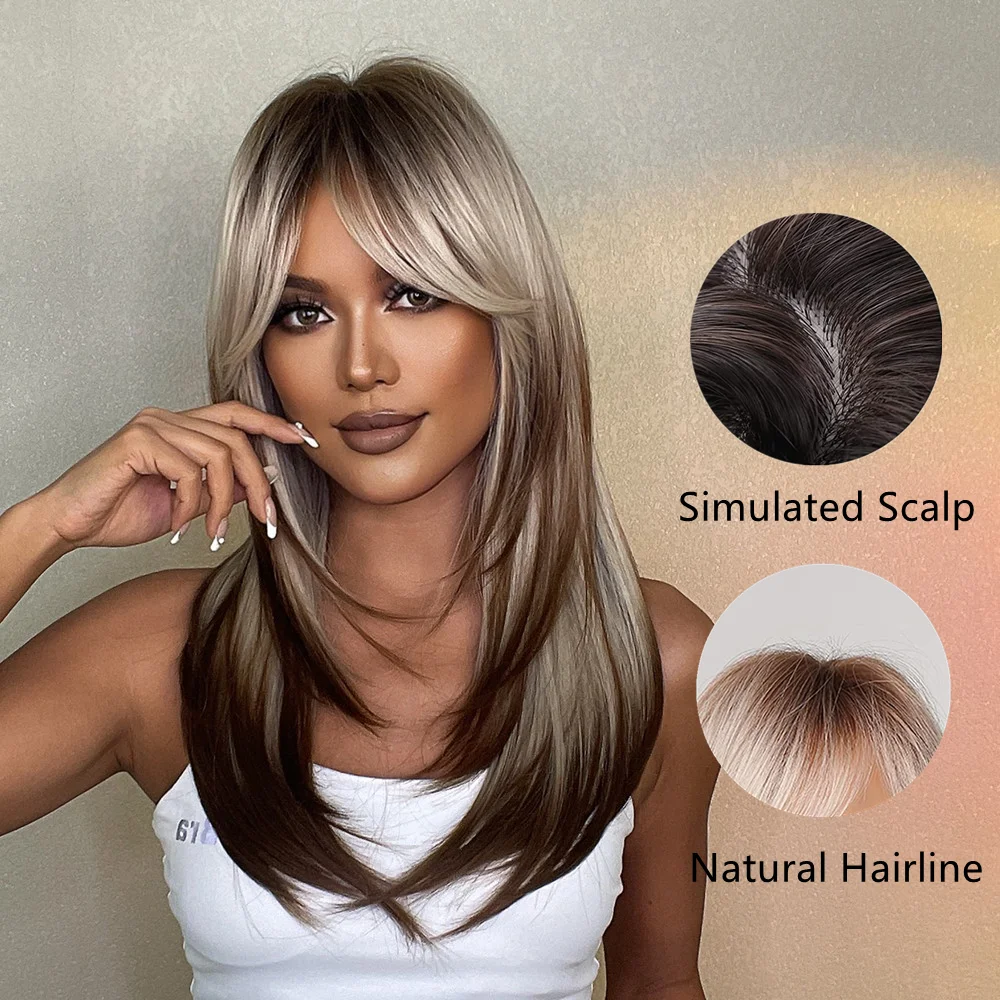 ALAN EATON-Peluca de cabello sintético para mujer, cabellera artificial con flequillo largo y liso, color rubio, resistente al calor, marrón,Peluca de fiesta de Navidad