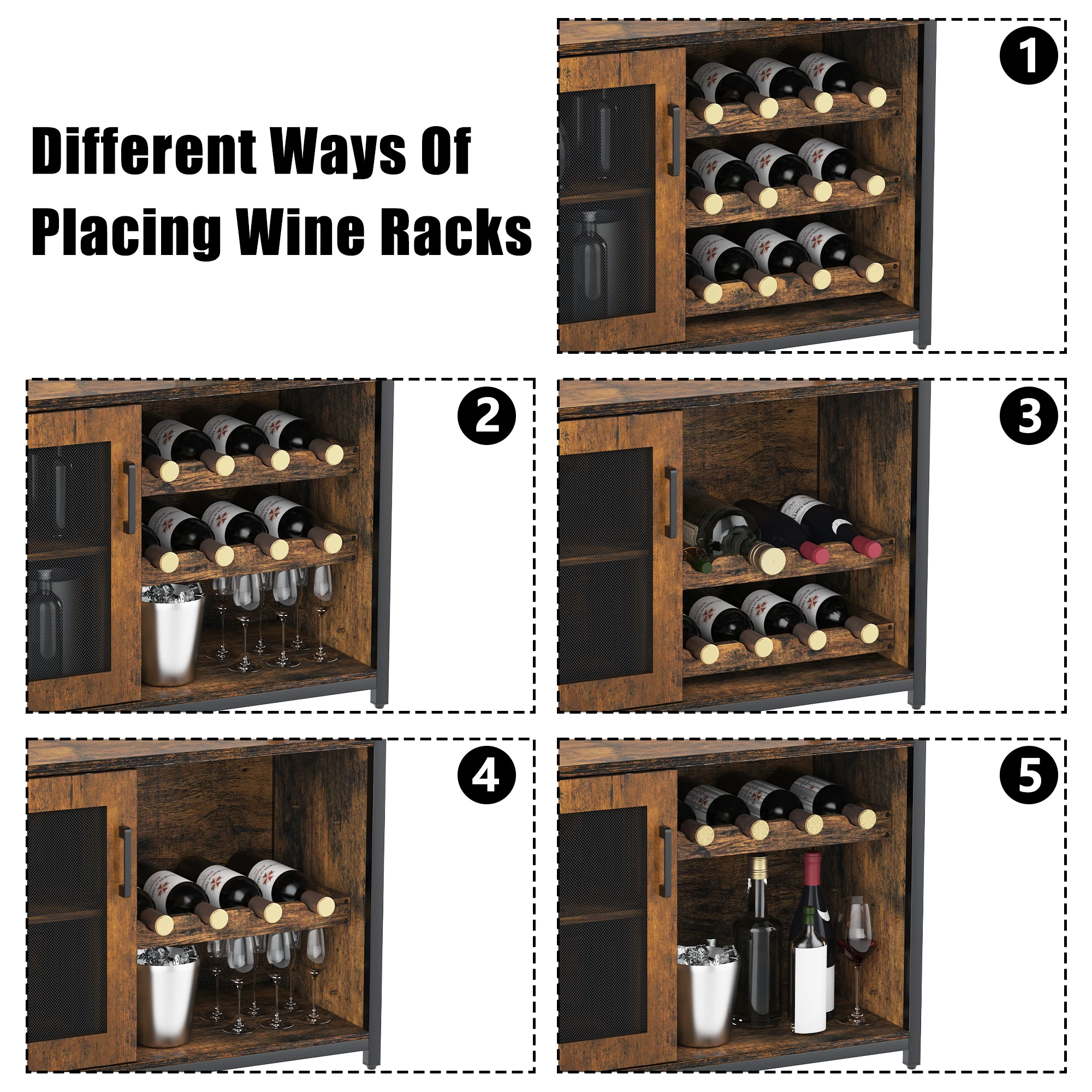 Wine Bar Cabinet with Detachable Wine Rack,Bar Rack Cabinet with Glass Holder and 1 Drawer,Mesh Door,Small Sideboard