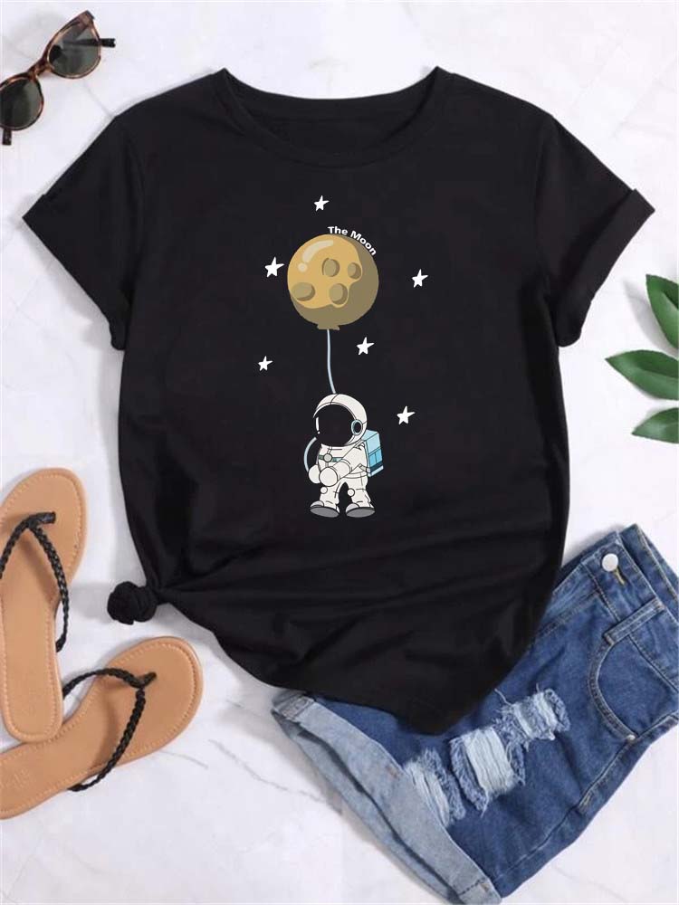 Maycaur Tシャツ女性ムーンプラネットプリントファッション Tシャツカジュアルラウンドネック半袖ストリート女性 Tシャツヴィンテージトップス