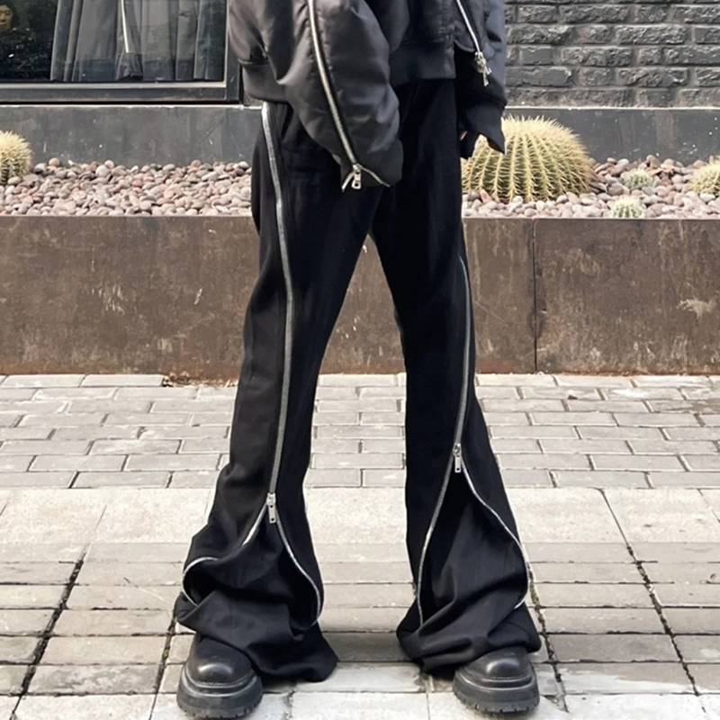 Harajuku faixas zíper decorar estilo vibe preto calças de carga para homens high street em linha reta casual baggy calças unissex de grandes dimensões