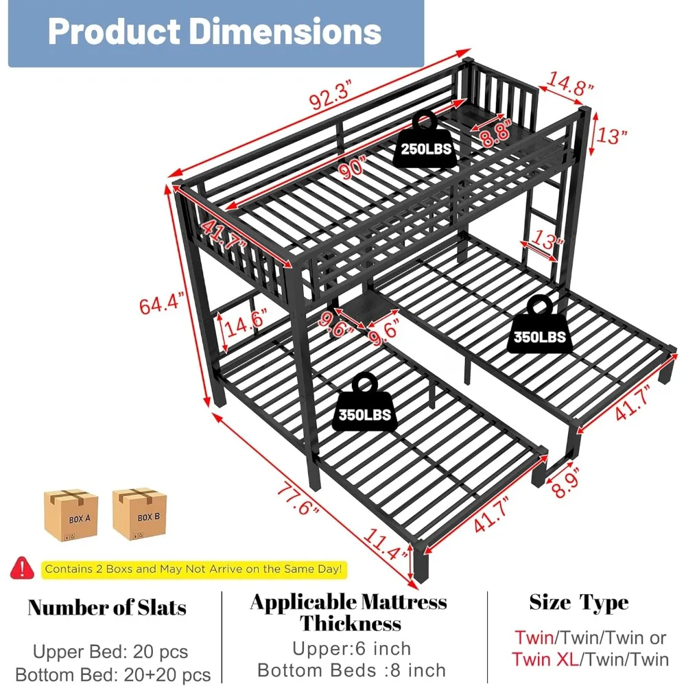 Triple Bunk Bed with LED Light ,Metal Heavy Duty 3 Bunk Beds with Charge Station & Storage Shelf, Convertible Three Bunks Beds