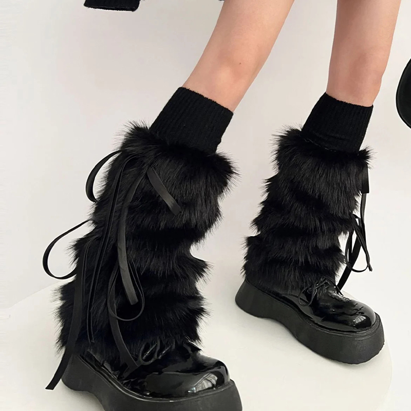 Punk engrossado fofo arco nó legger mais quente gótico botas de pele preta tubo médio y2k mais quente pé capa harajuku acessórios festa