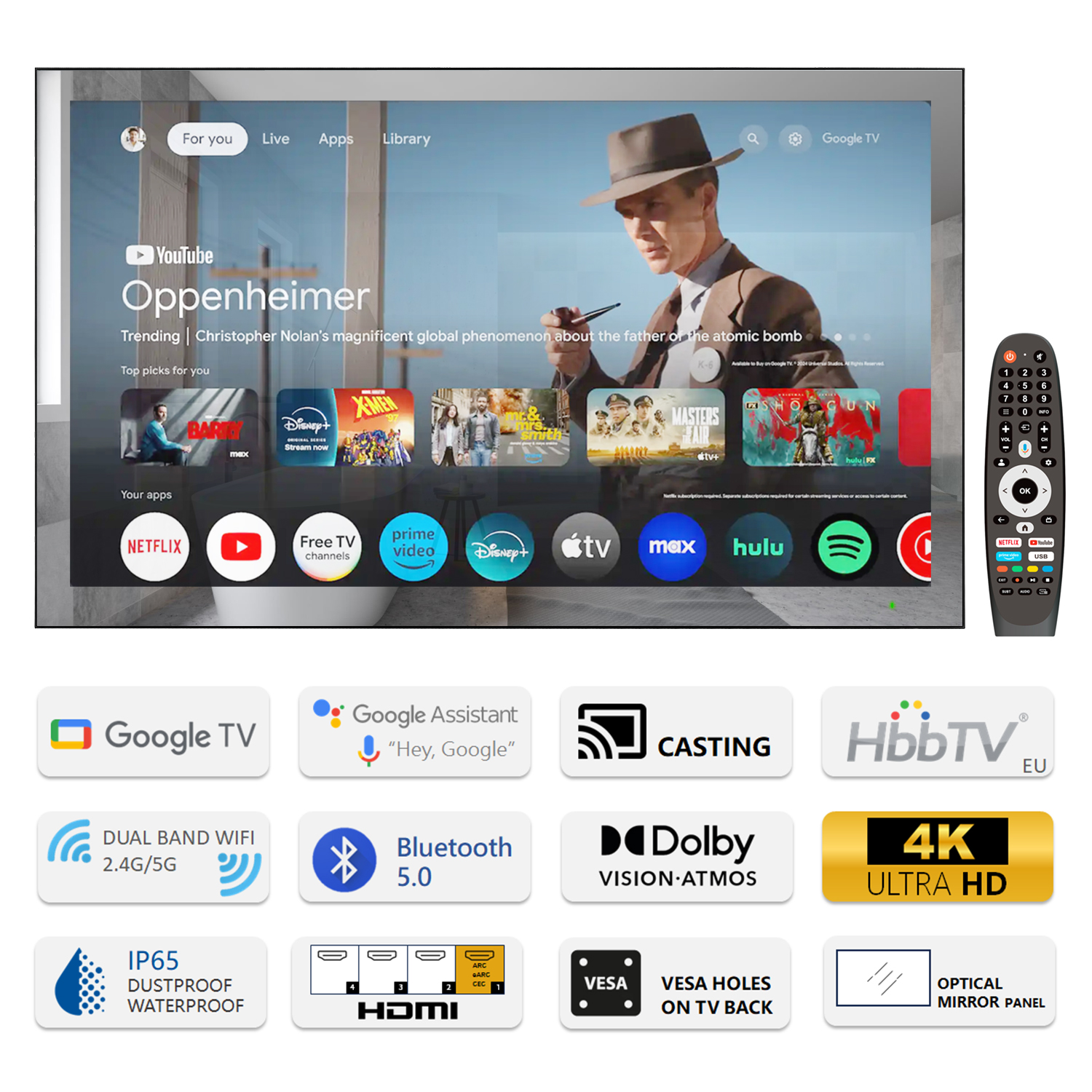 Soulaca-大型のスマートテレビ画面,バスルーム用,ミラーテレビ,消えるipx6,防水,スパ,Googleシステム,wifi,Bluetooth, 43インチ,4k