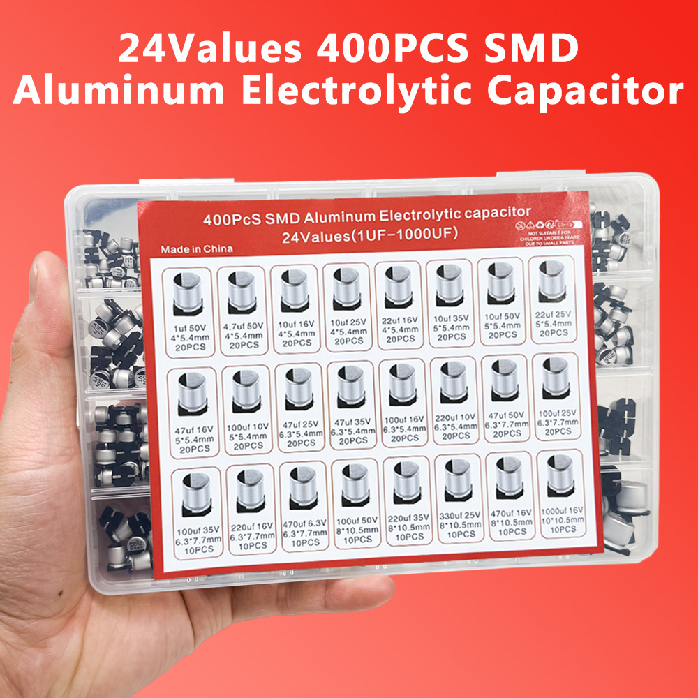 Ассортиментный комплект алюминиевых электролитических конденсаторов SMD, 400 шт., 24 значения SMD, 1 мкФ ~ 1000 мкФ 6,3 В-50 В, 24 значения с коробкой