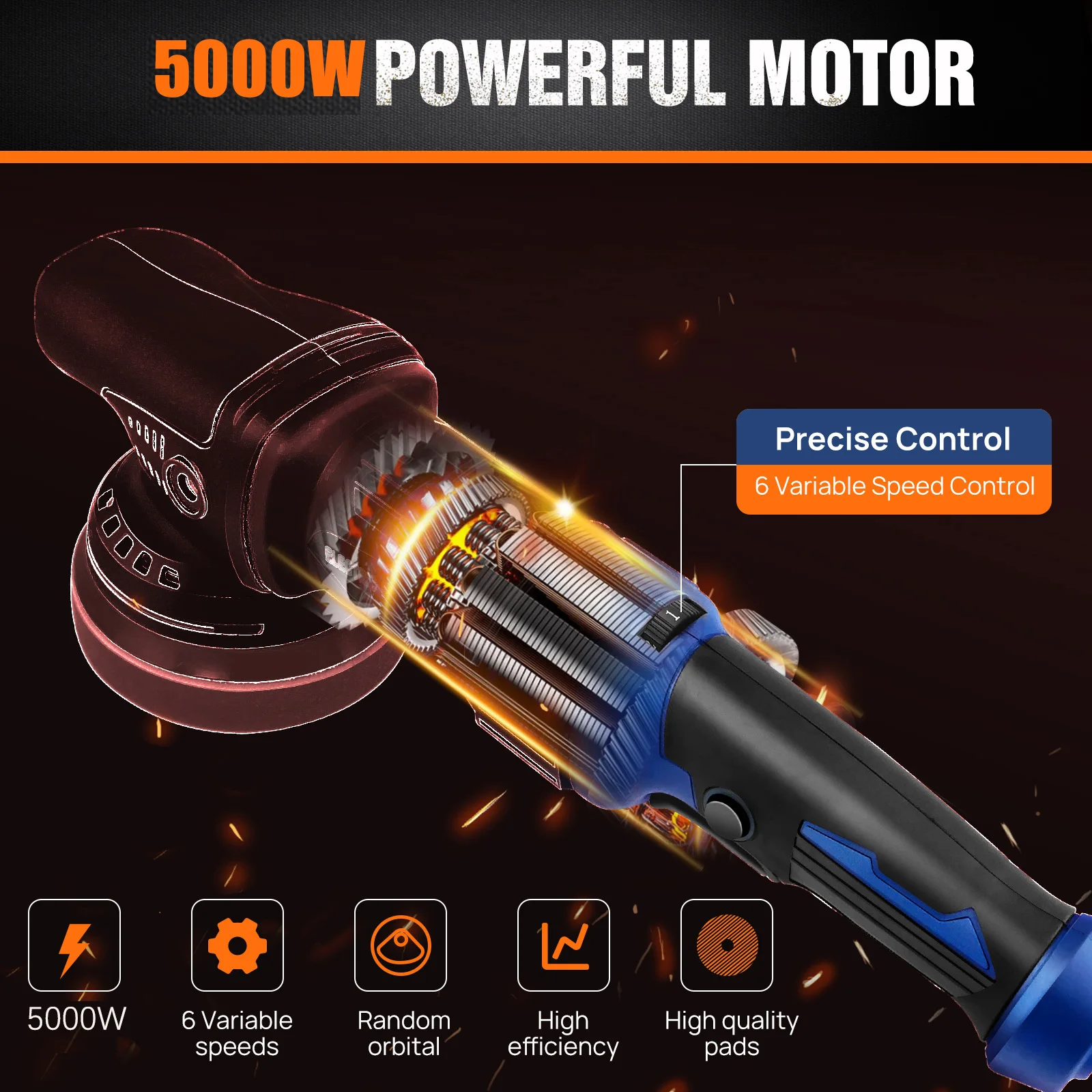 DayPlus Polisher 5000W Dual Action Car Polisher, Random Orbital Polisher Car Buffer Polisher 6 Variable Speed for car Detailing