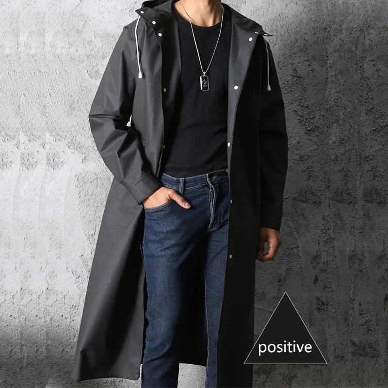 สีดําแฟชั่นผู้ใหญ่กันน้ํายาวเสื้อกันฝนผู้หญิงผู้ชาย Rain Coat Hooded สําหรับเดินป่ากลางแจ้งตกปลาปีนเขาหนา