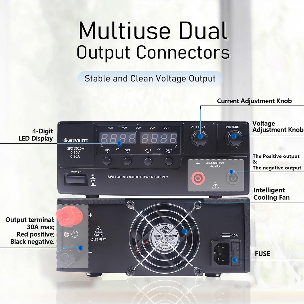Catu Daya DC 3020H Variabel 0-30V 0-20A 600W Switching Regulated Bench Power Supply Tampilan LED 4-Digit Tunggal Efisiensi 90%