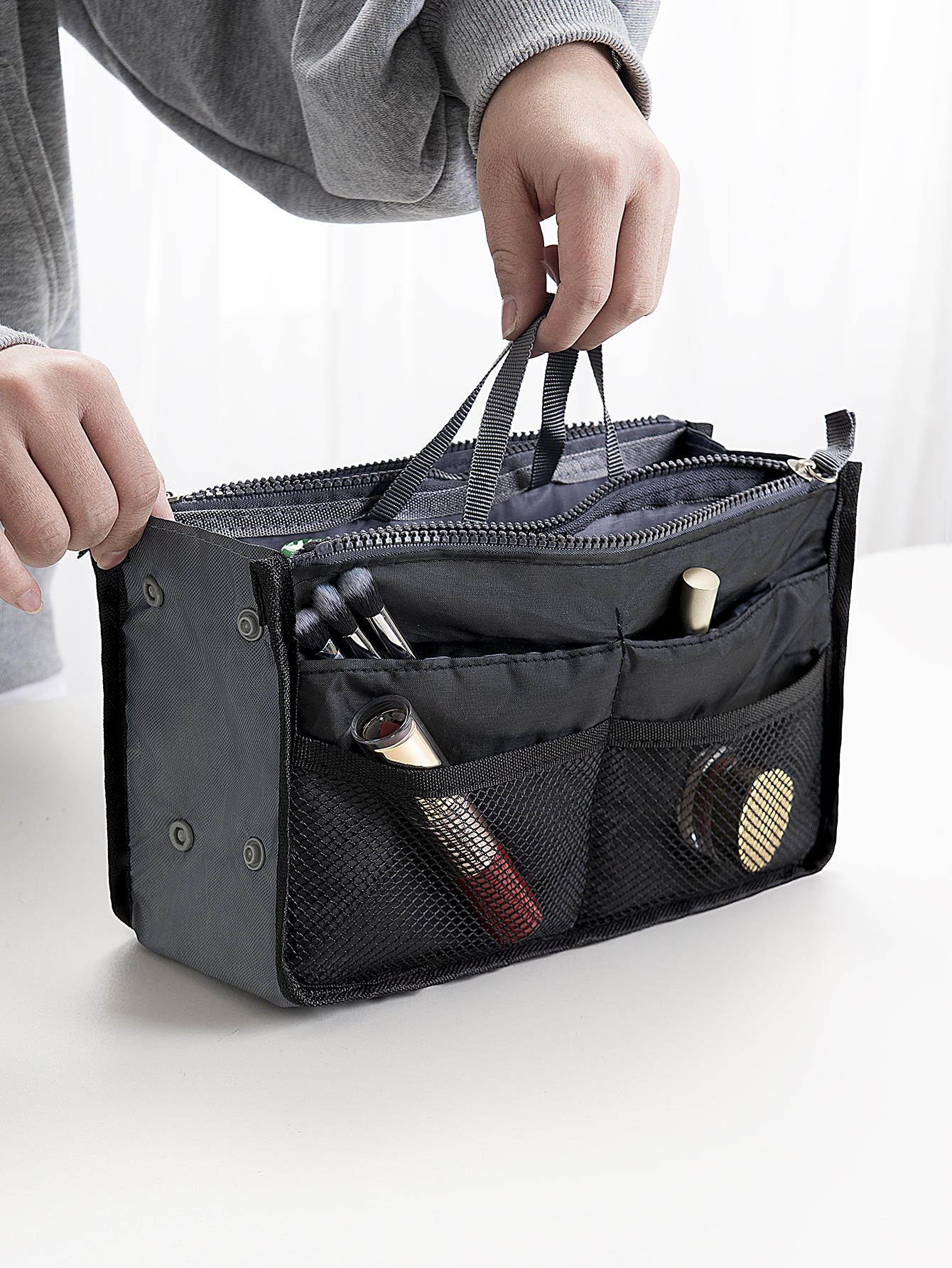 (1 Stück) Koreanische Version, multifunktionale faltbare Aufbewahrungstasche mit Doppelreißverschlüssen, tragbare Make-up-Tasche für Damen mit großem Fassungsvermögen