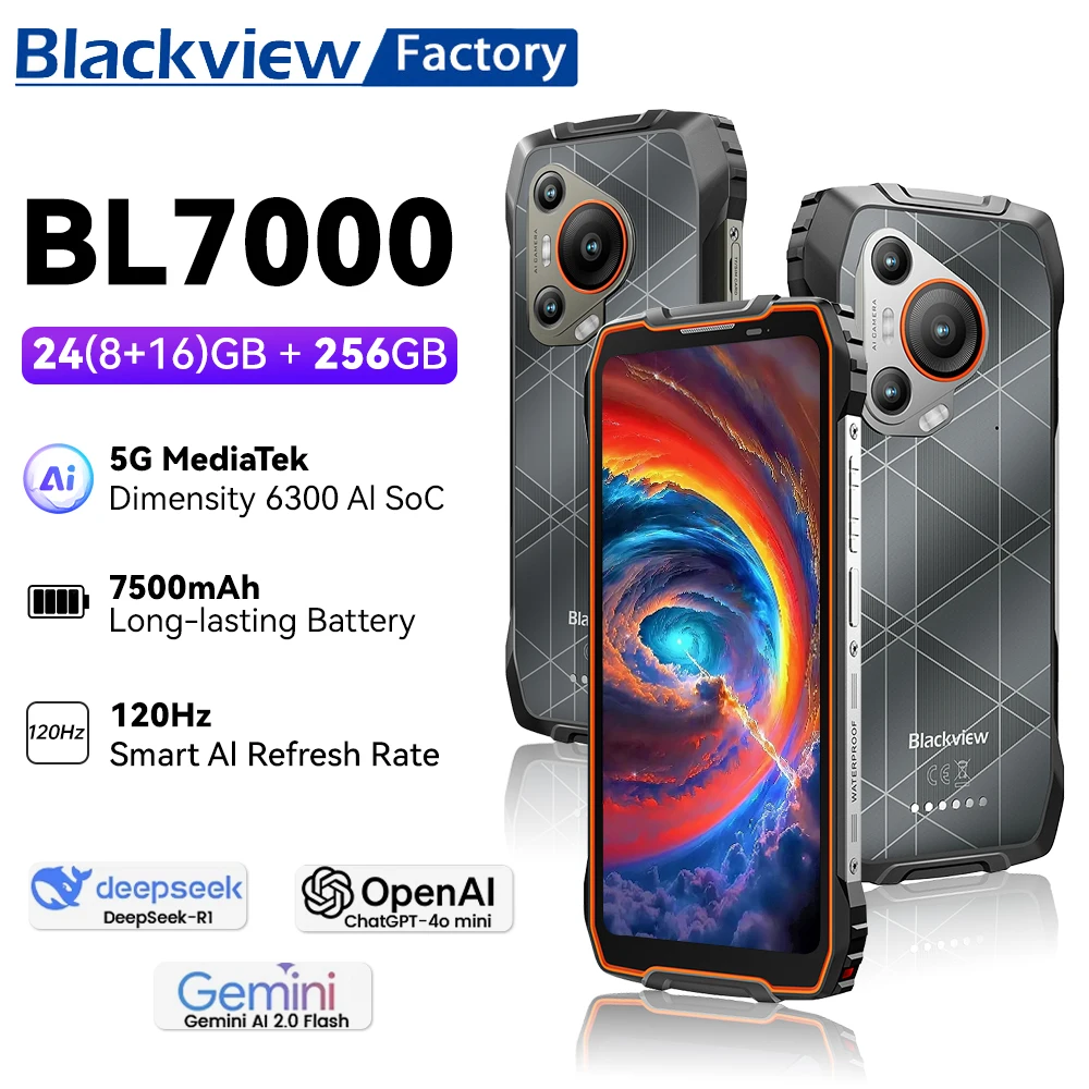 BLACKVIEW BL7000 Telefono robusto 5G AI Deepseek GPT Smartphone Android 15, display HD+2.4K da 6,78" 120 Hz, 8 GB di RAM 256 GB, 7500 A mh