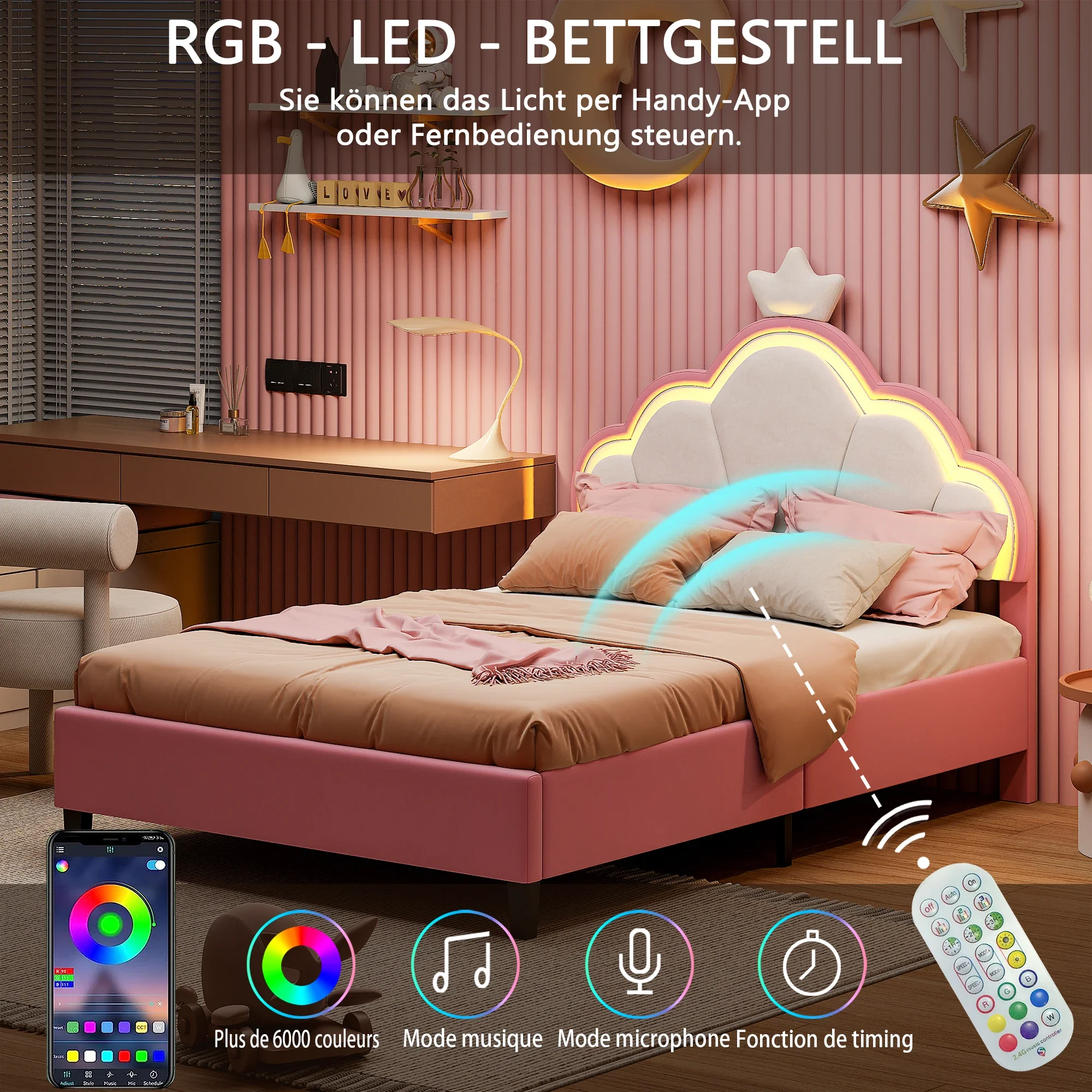 Cama infantil Rosahqnda Cama de solteiro 90/140x200cm Cama de menina com iluminação LED, Heabboard de concha de coroa Cama de solteiro sem colchão