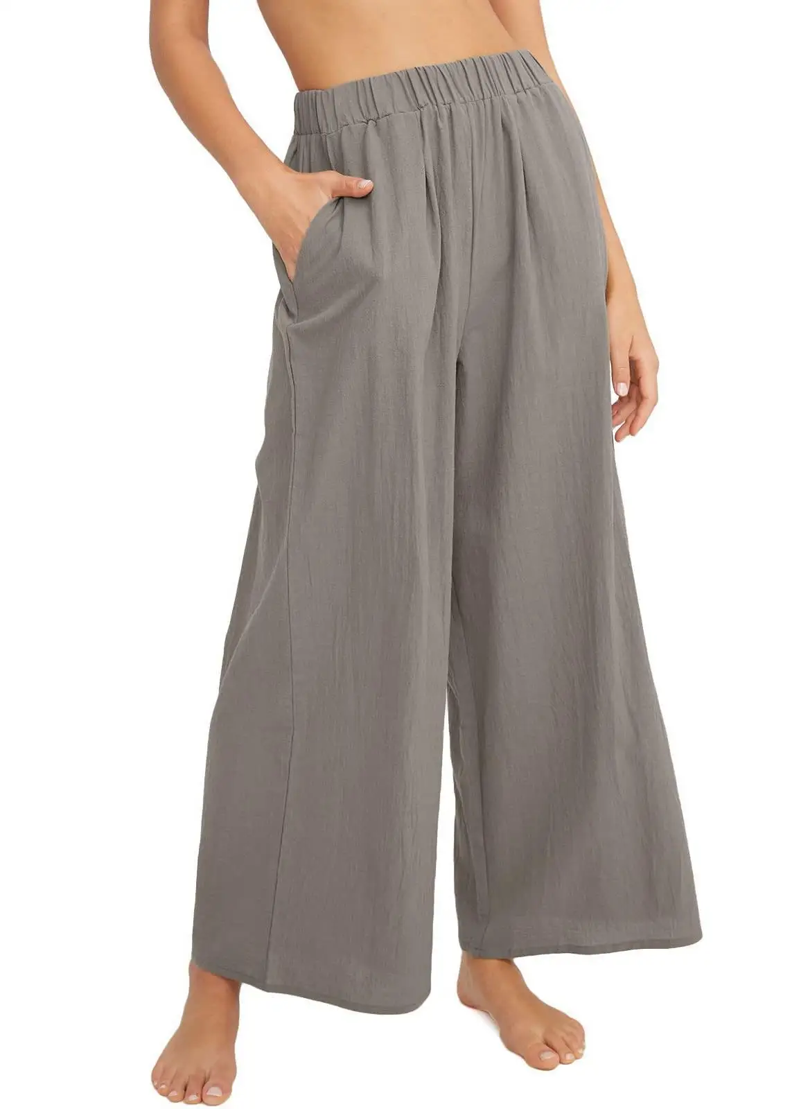 Women's Solid Color Comfortable Casual Hundred Lazy Style Wide Leg Pants with Pockets High Waisted Loose Seven Pants