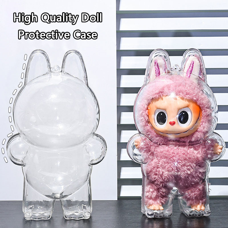 17CM Labubu Protector Case V1 V2 Protector Cover Volledige Clear Staande Zitten Wandelen Pluche Poppen Display Tas Pop accessoire