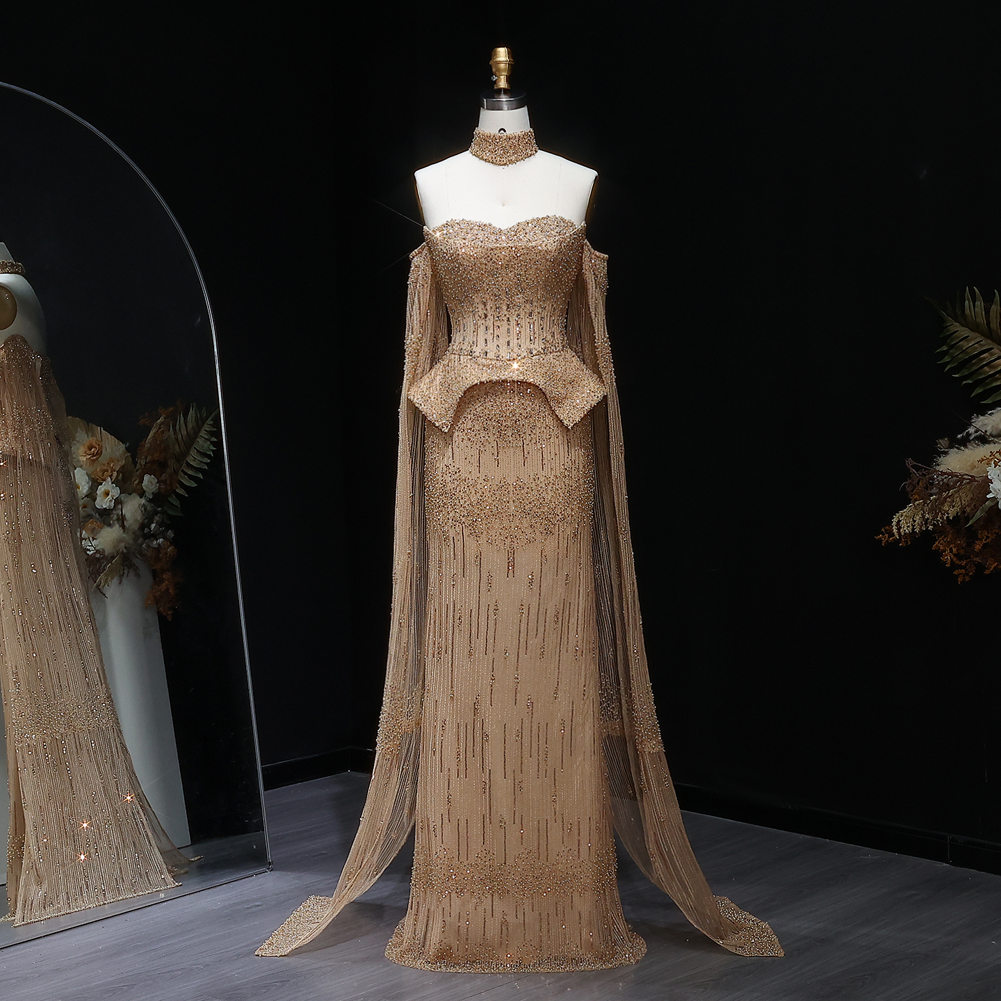 Sharon Said Luxury Grey Crystal Evening Dress with Cape Sleeves 2025 Elegant Off-Shoulder Weddin Party Gown SS558 Customized