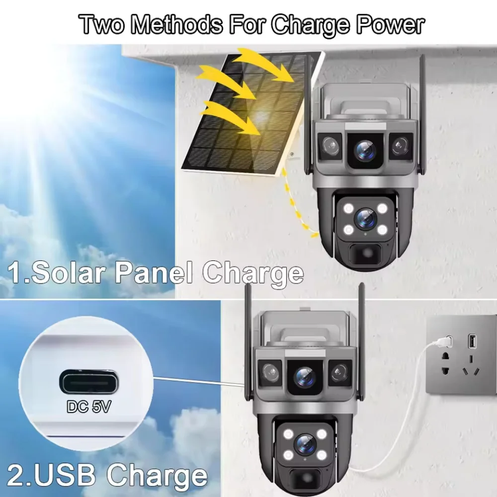 Telecamera solare esterna 12MP 6K Triplo schermo WIFI Monitor di rete wireless V380Pro IP66 PIR Telecamera CCTV di sicurezza per rilevamento umano