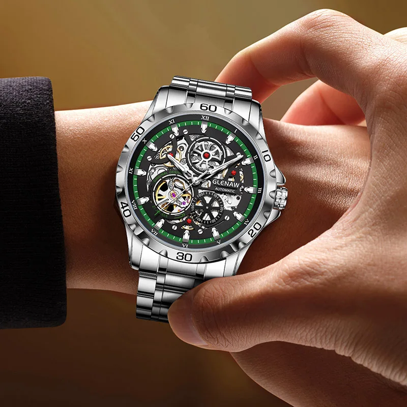 GLENAW Steampunk esqueleto reloj para hombre anillo de lujo relojes mecánicos automáticos luminoso impermeable reloj con correa de acero inoxidable