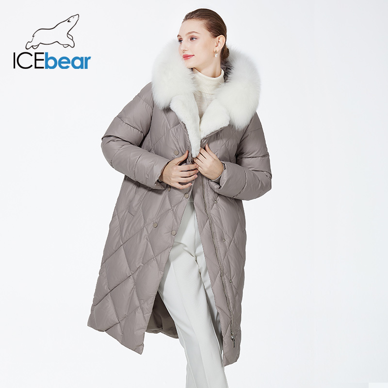 ICEbear-Langer Luxusmantel mit Fellkapuze für Damen, winddichte gesteppte Parkas, Damengürtel, warmer Mantel, 2023, GWD3925I