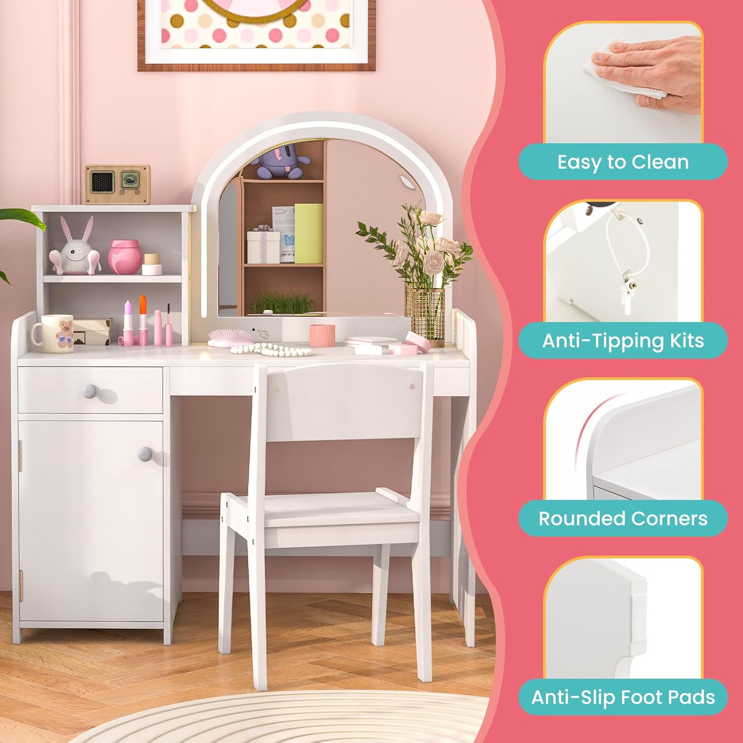 Kids Vanity, Princess Makeup Desk and Chair Set with Lights Mirror Drawer Storage Shelves, Wooden Dressing Table, Pretend Play