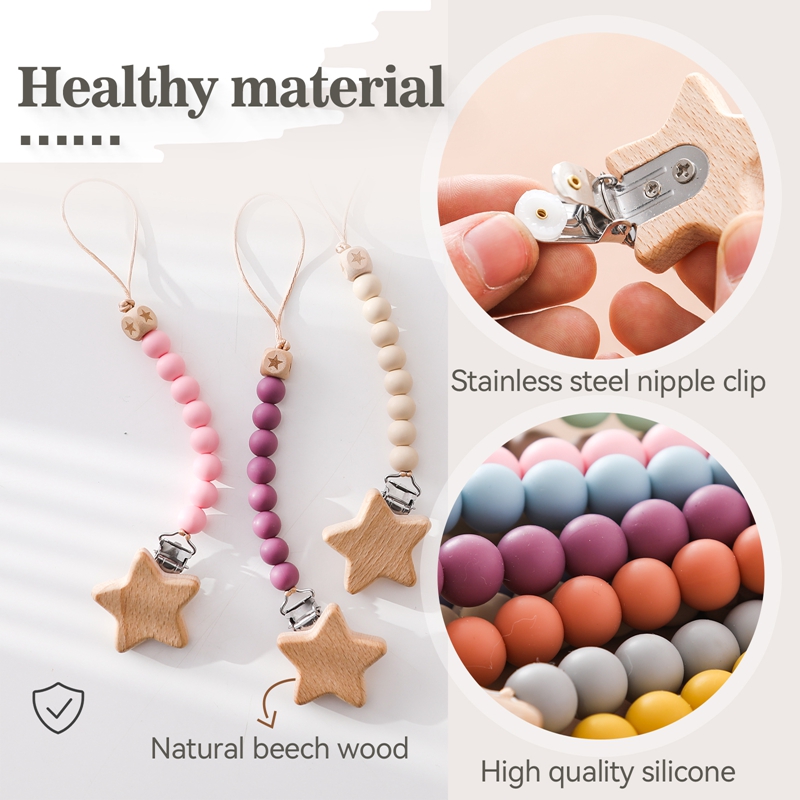 คลิป Pacifier ทารกจุกนมผู้ถือ Pacifier CHAIN Dummy ผู้ถือ Pacifier คลิป Beech ไม้ Star Pacifiers สําหรับทารกแรกเกิดของเล่น