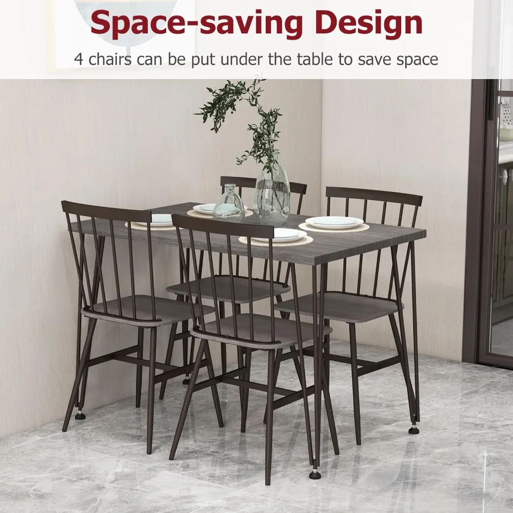 Dining Table Set for 4, Kitchen Table and Chairs Set of 4 w/Metal Frame, 360° Swivel Feet, Space-Saving Dinette Table
