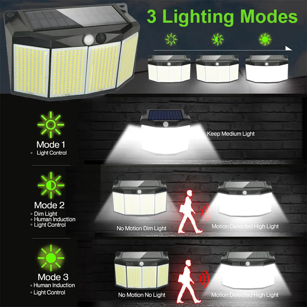 3 modos de luzes solares divididas ao ar livre à prova d'água com sensor de movimento holofote controle remoto para pátio garagem quintal lâmpadas de parede