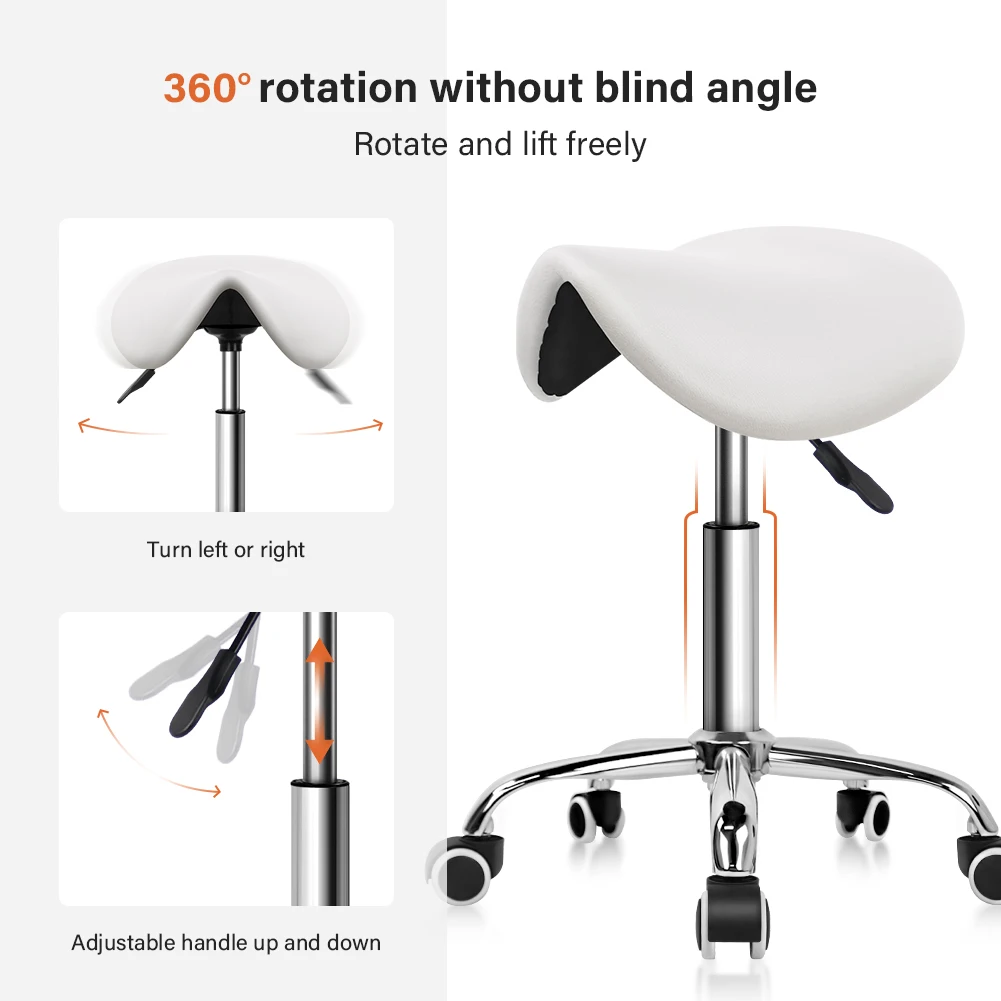 KKTONER Rolling Saddle Stool PU Leather Swivel Adjustable Rolling Stool with Wheels Salon Chair White