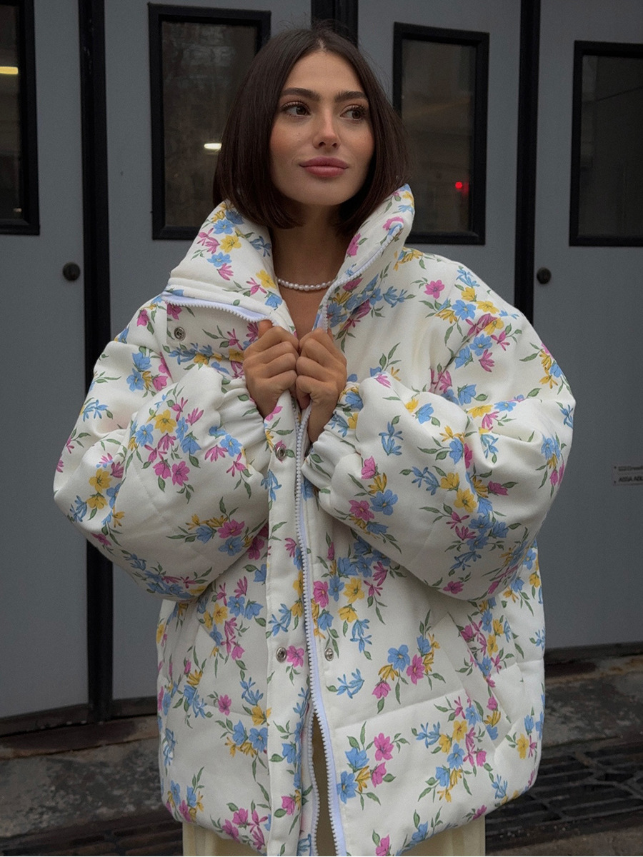 Wolfeel nieuwe pufferjas voor dames, oversized opstaande kraag, ritssluiting, bloemenprint, warme katoenen gevulde jas, herfst winter