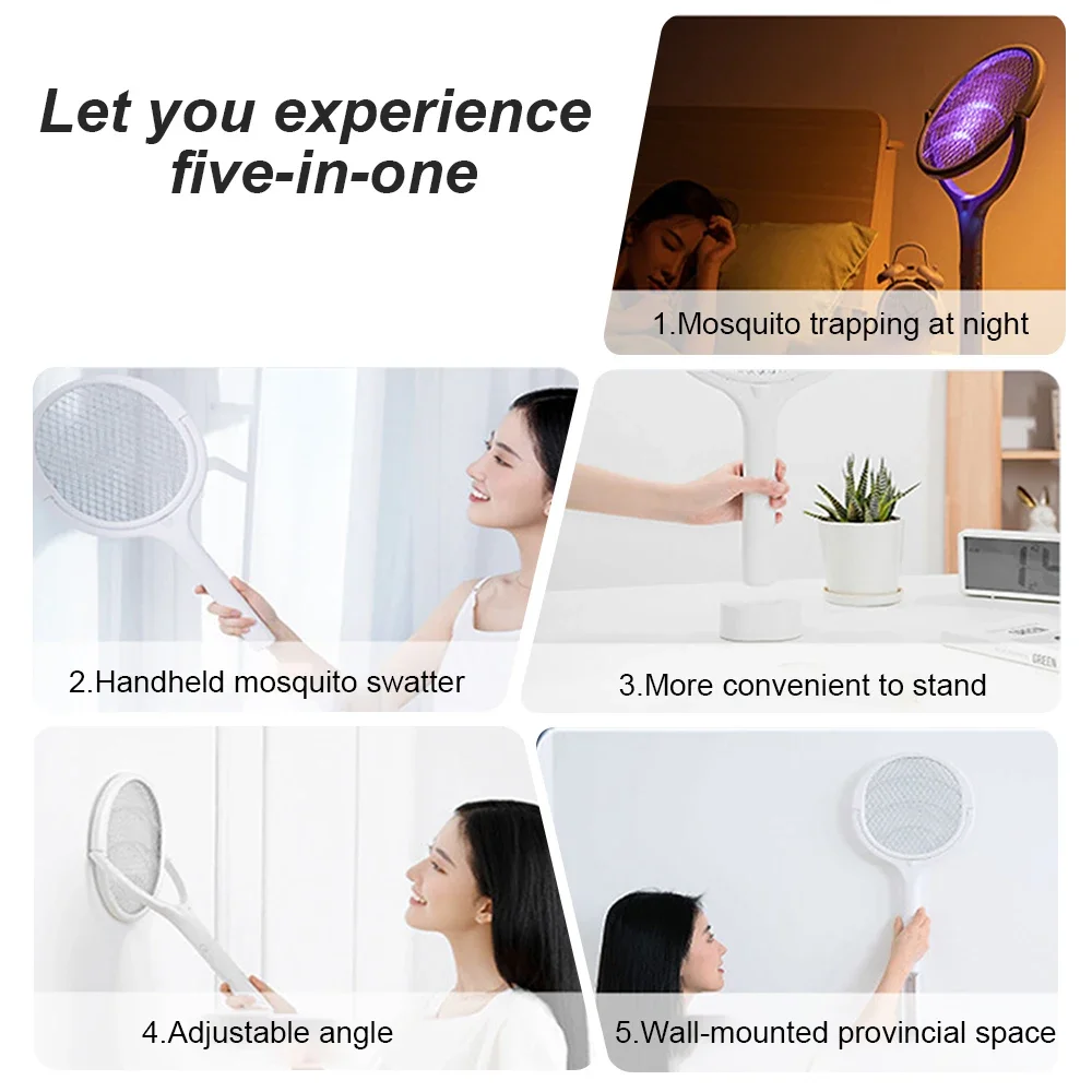 Matamoscas inteligente de 3500V con mango de extensión, lámpara antimosquitos ajustable en ángulo, protección recargable de 5 capas