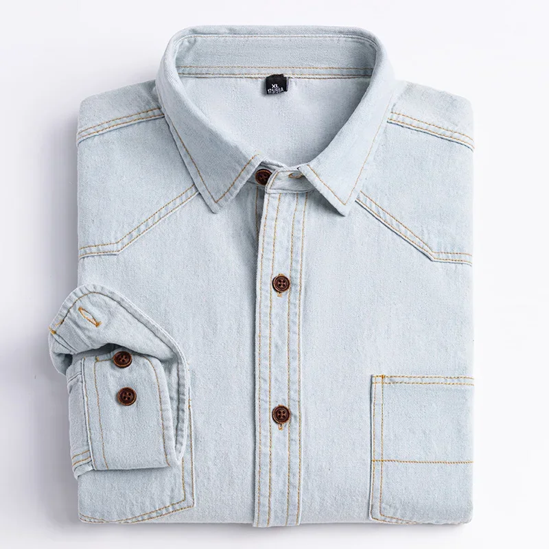 2023 Camisa vaquera con diseño de bolsillo, ropa cómoda bordada clásica de manga larga 100% algodón a la moda