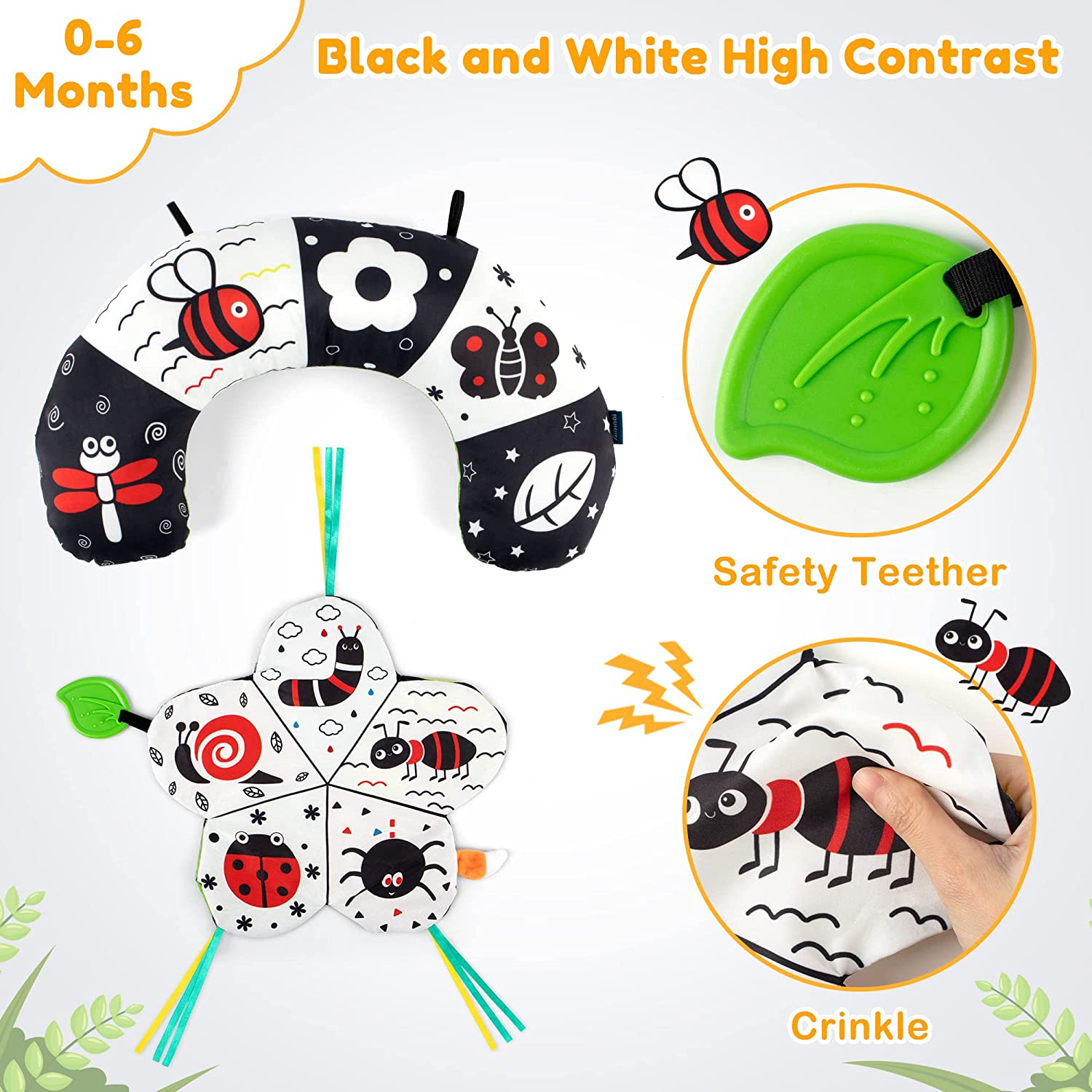 Tummy Time Pillow with 3D Crinkle Mat & Teethers Black White High Contrast Baby Toys with Mirror Sensory Toys for Infant Newborn