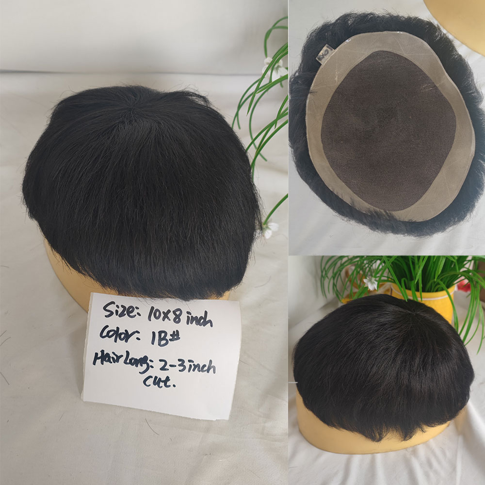 ผมมนุษย์ผู้ชาย Toupee ลูกไม้ฝรั่งเศสชายผมเปลี่ยนระบบวิกผม MONO Lace Hairpiece PU สีดําธรรมชาติ