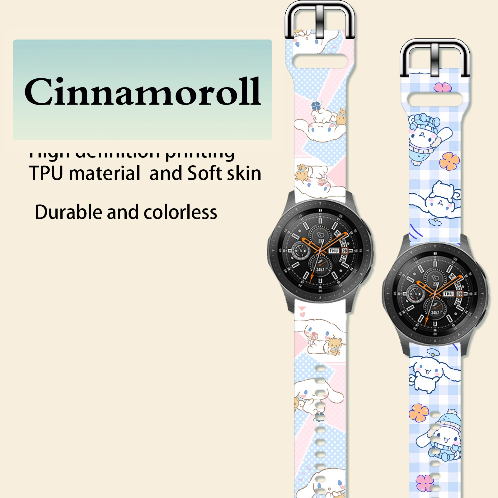 Tali Cinnamoroll 20mm untuk Samsung Galaxy 7/6/5 40mm 44mm, Tali Jam Tangan yang Dapat Diganti 22mm untuk Xiaomi Amazfit