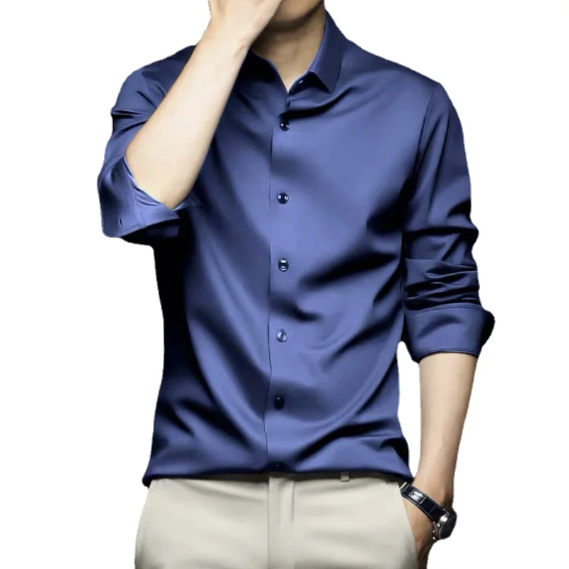 S-6XL 남성용 긴팔 셔츠, 주름 방지 순백색 셔츠, 비즈니스 원피스 캐주얼 아이스 실크 광택 셔츠, 럭셔리