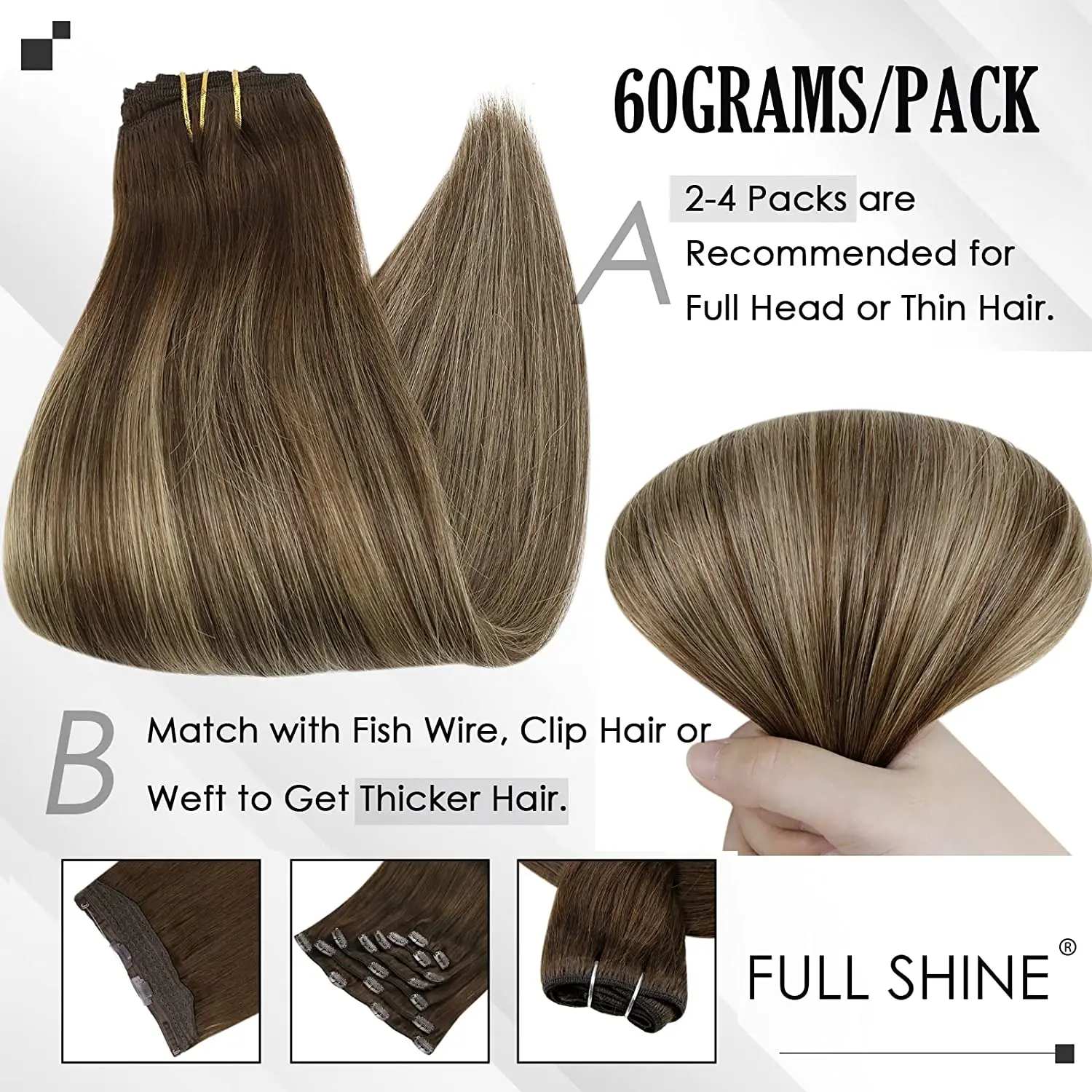 Full Shine 50 Gram Kẹp Trong Tóc Tóc 50G 3 Thật 100% Remy Con Người Làm Tóc ombre Tóc Vàng Màu Kẹp Tóc