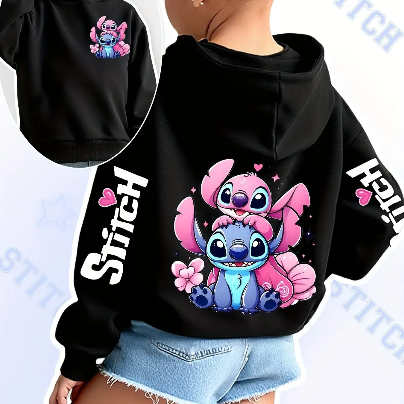 2025 Disney Felpe con cappuccio Moda Stitch Angelo Mostro Tasca Felpa Pullover Felpe carine Ragazze Bambini Felpa Cartoon Top Y2k