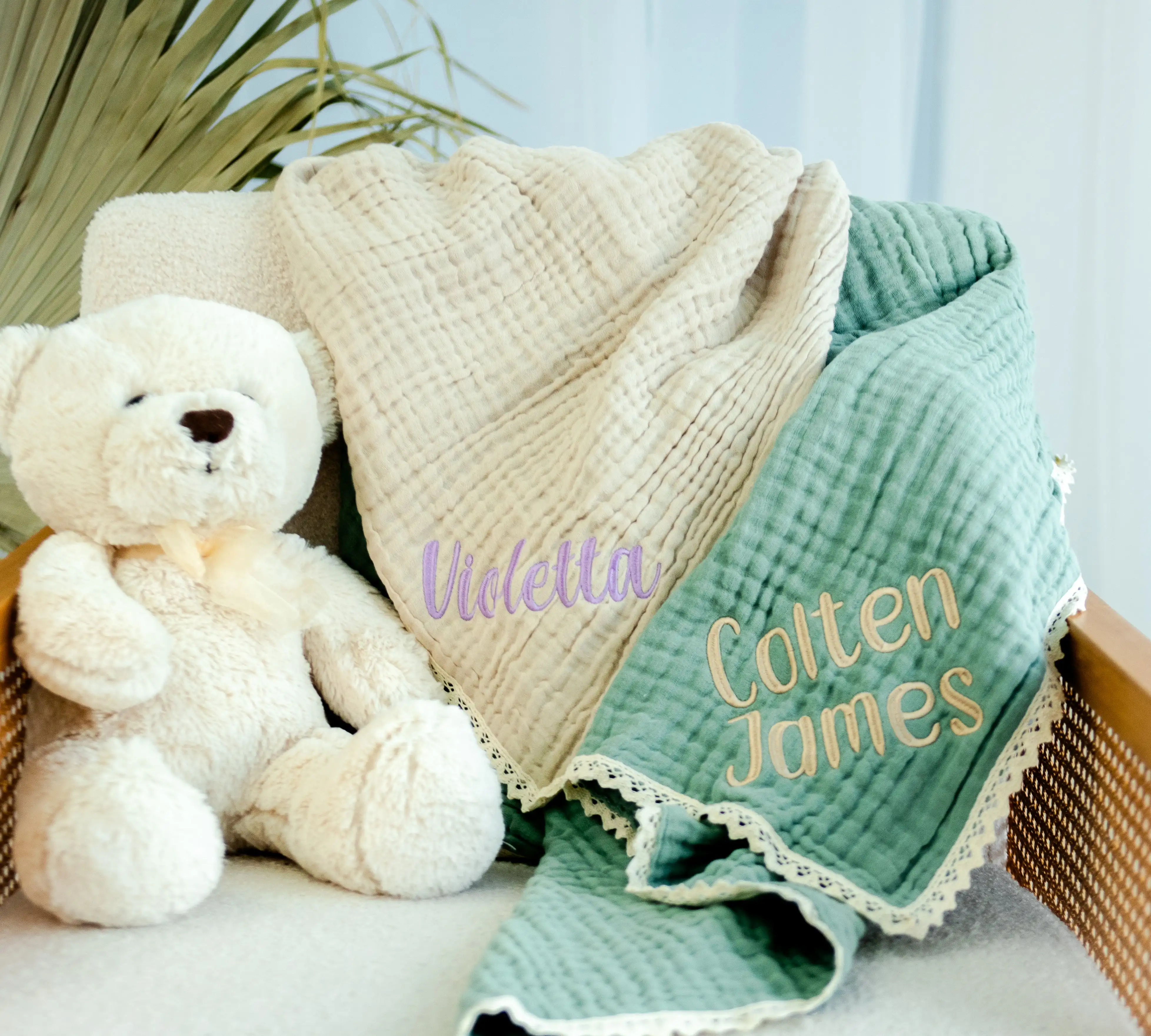 개인화 된 아기 6 층 거즈 면사 레이스 담요 Swaddle Towel 아기 유모차 담요 목욕 타올 바람 사진 담요