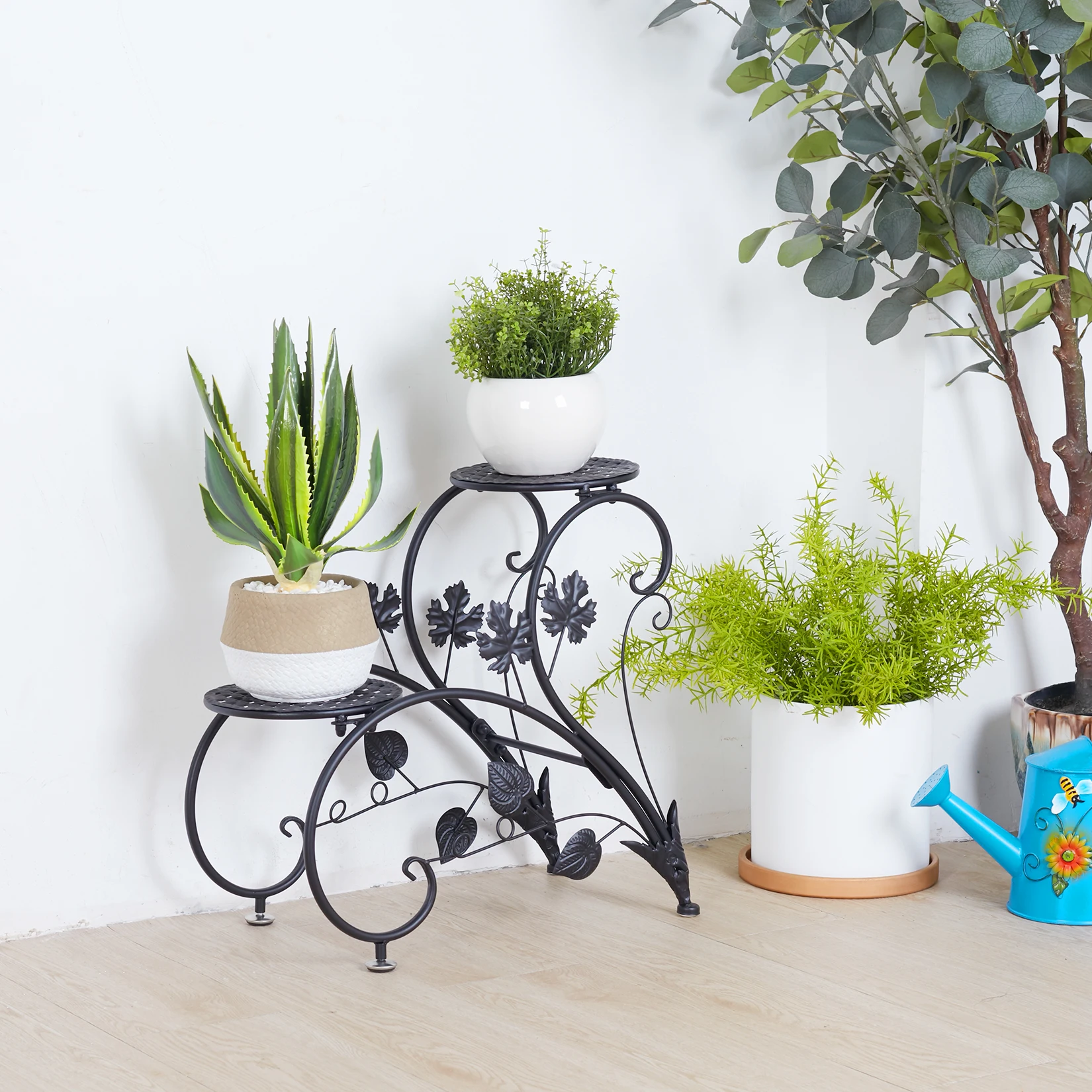 2 supporti per piante in metallo antiruggine, 4 espositori per fiori in vaso, per giardino, balcone, ufficio, bianco e nero