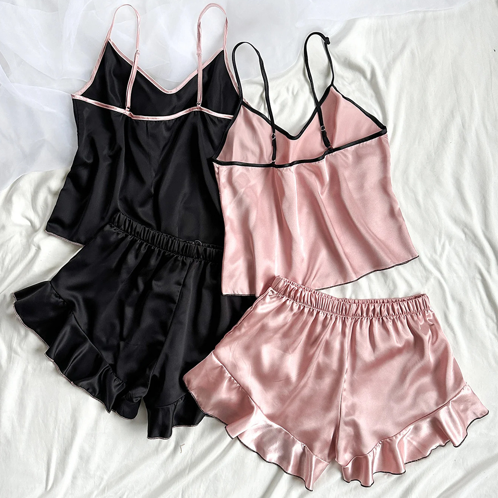 Pijama feminino de cetim liso, camiseta com decote em v, bordas com babados e shorts com laço, conjunto de pijama simples e respirável, roupas para casa
