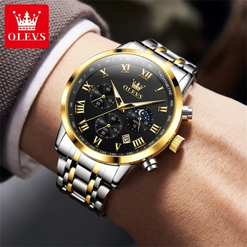OLEVS 5529 reloj de marca de lujo para hombre, resistente al agua, luminoso, de acero inoxidable, con código de sincronización de fase Lunar, nuevo reloj de cuarzo para hombre