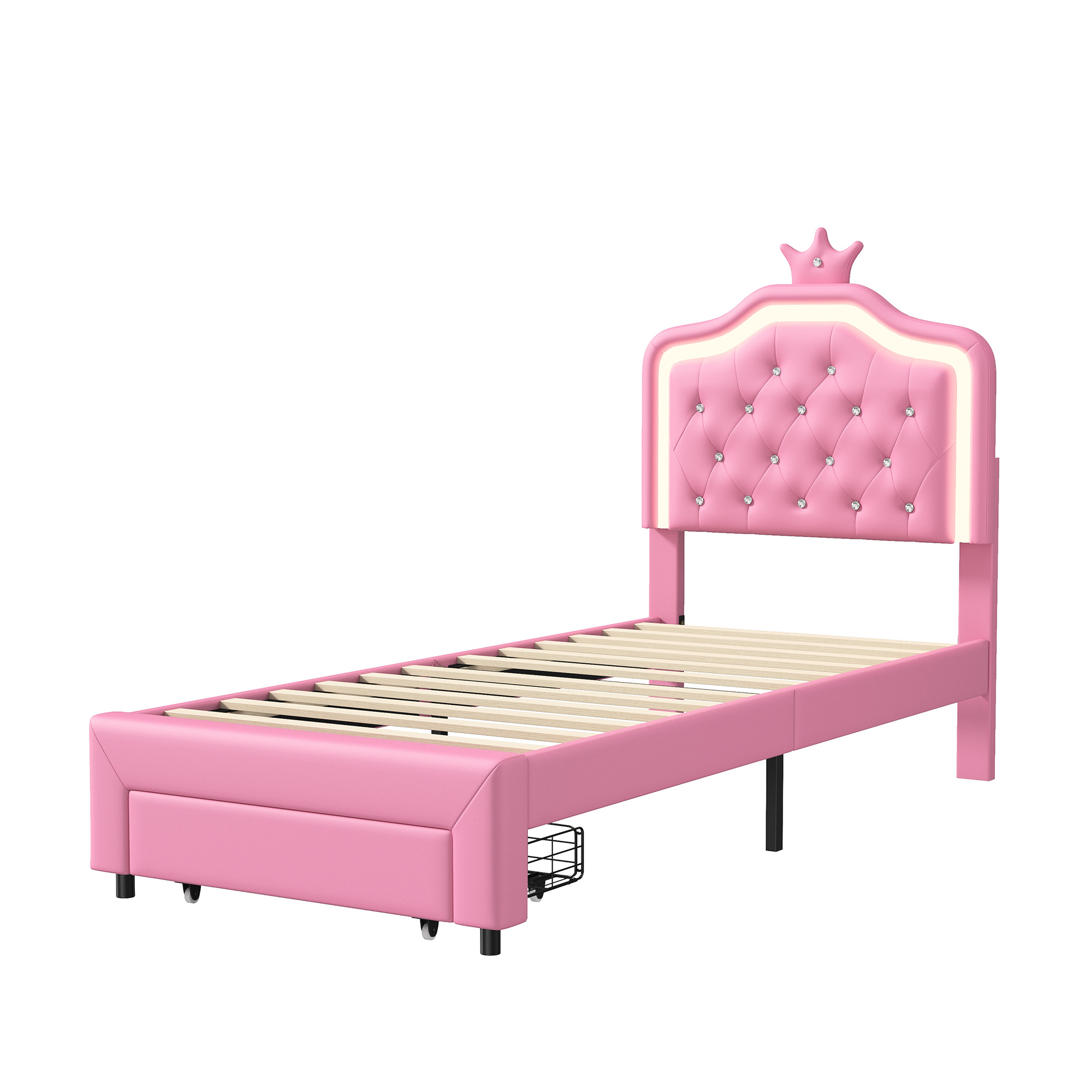 Letto per bambini, letto singolo piatto 90*200cm, letto principessa a forma di corona, rivestimento in morbida pelle PU, striscia luminosa ambientale a LED regolabile