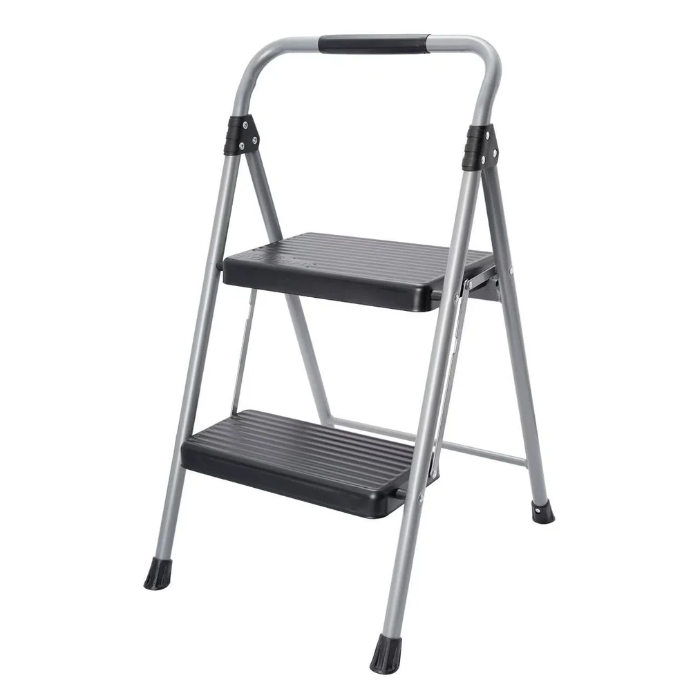 Large Foldable Step Stool 2-Step Steel Platform Holds 225 Pounds Slip Resistant Tread Easy Storage Soft Handle Carrying